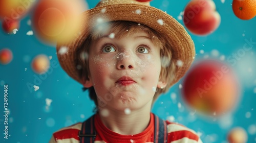 Amused Little Boy in a Straw Hat Watches a Whimsical Shower of Peaches Against a Turquoise Backdrop - A Perfect Blend for Fresh Food Marketing, Educational Art, and Playful Decor