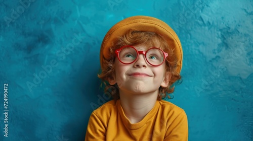 A Shoulder-Up Photo of a Young Boy in Yellow, Amused and Slightly Confused, Leaning on a Turquoise Wall - A Captivating Image for Children's Mental Health and Emotional Education photo