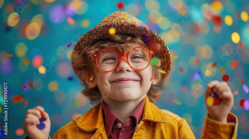 Kid in a Straw Hat, Yellow Coat, and Red Shirt, Celebrating with Fists Raised, Smiling Amid a Shower of Confetti, Perfect for Children's Fashion Marketing and Educational Content photo