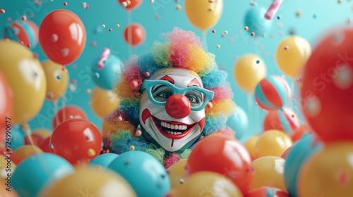 April Fools' Delight: A Cheerful Clown Emerging from a Sea of Colorful Balloons Against a Light Cyan Backdrop