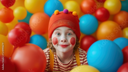Joyful April's Fools Day with A Young Boy's Whimsical Clown Adventure in a Colorful Balloon Wonderland Party Time