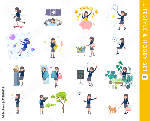 趣味とライフスタイルに関する紺ブレザー女子学生のセット。Bタイプ
