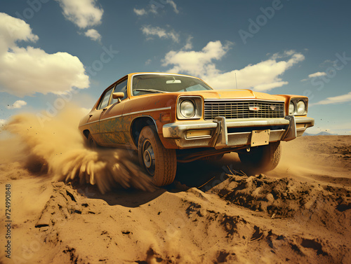 an old yellow car in the air over a towering dirt