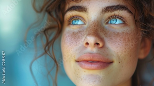 A Close-Up Portrait of a Freckled Girl with Bright Blue Eyes Looking Upwards, Capturing the Essence of Youthful Reflection and the Vivid Beauty of Her Expressive Gaze