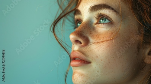 Close up Shot of A Young Woman with Blue Eyes and Freckles Looking up With Wonder and Curiosity  photo