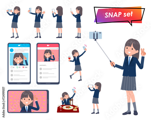 スマホで撮影する紺ブレザー女子学生のセット