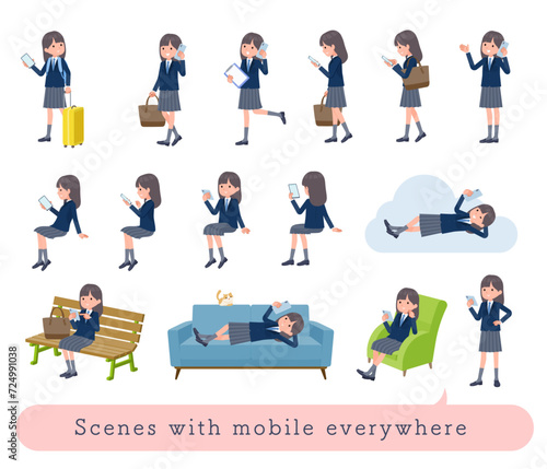 色々なシーンでスマホを使う紺ブレザー女子学生のセット
