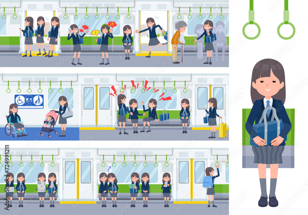 電車に乗る紺ブレザー女子学生のセット 電車に乗る紺ブレザー女子学生のセット