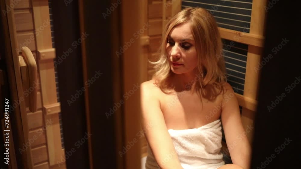 Blonde in white towel sits in modern small sauna of spa salon, slow motion Blonde in white towel sits in modern small sauna of spa salon, slow motion