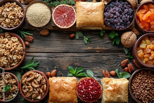 Nowruz celebration background with treats, baklava, dried fruits, nuts on wooden surface