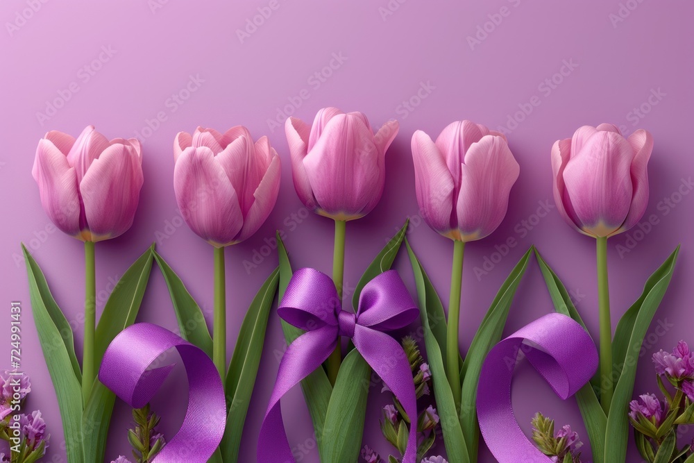 Women's Day design with tulips and ribbon