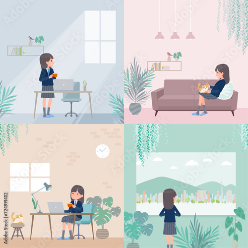 部屋でくつろぐ紺ブレザー女子学生のセット