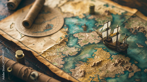 A cartographic background featuring a vintage map, illustrating the voyages and expeditions of ancient times, with a focus on historic landmarks and the art of navigation  photo