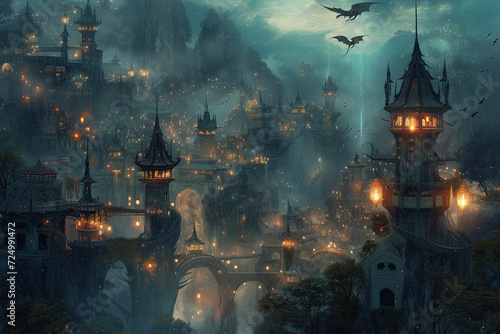 A bustling elven city at twilight, dragons perched atop intricate towers, living in harmony with the elf inhabitants The city is aglow with magical lanterns, casting a warm, inviting light