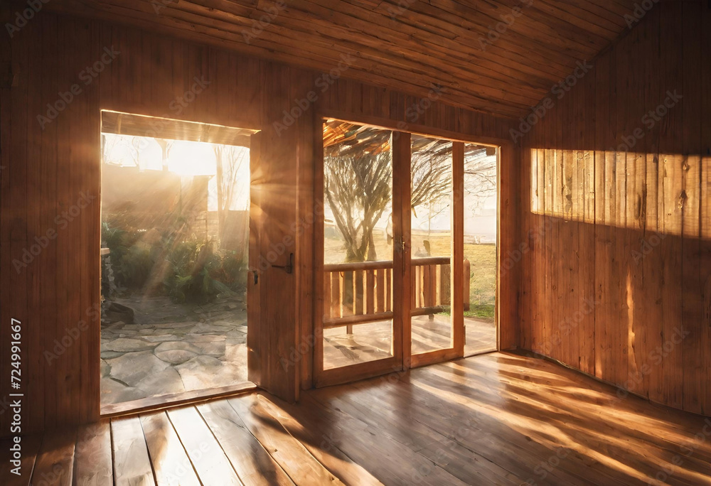 Fototapeta premium inside view of a beautiful wooden house and sun light entering from the main door