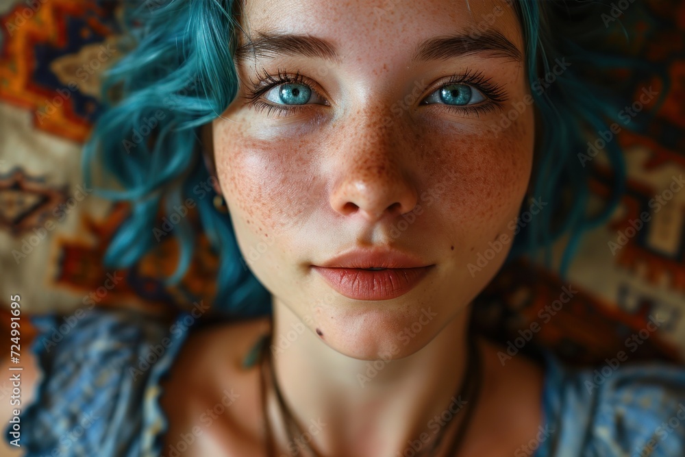 A stylish woman with blue hair smiling confidently A stylish woman with blue hair smiling confidently