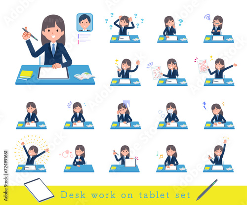 タブレット端末で学習する紺ブレザー女子学生のセット