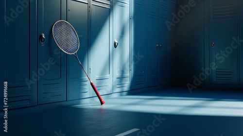 Badminton racket leaning against blue lockers in a sports facility, casting a dramatic shadow photo