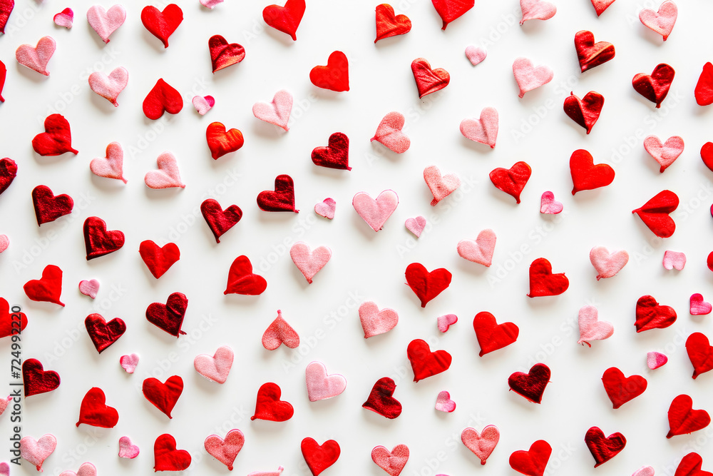A pattern of pink and red hearts on a white background with a border of small hearts A pattern of pink and red hearts on a white background with a border of small hearts