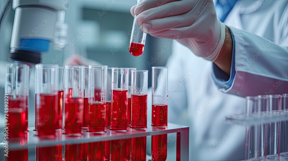 blood samples in test tubes as a hematology laboratory specialist conducts analysis, scrutinizing the red liquid under a microscope, crucial for medical diagnosis and treatment. blood samples in test tubes as a hematology laboratory specialist conducts analysis, scrutinizing the red liquid under a microscope, crucial for medical diagnosis and treatment.