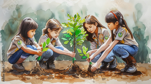 The concept of Earth Day. Cartoon characters planting seedlings and growing trees into soil working in garden