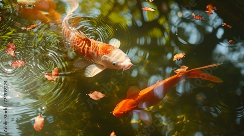 Koi Fish Swimming Among Sakura Petals in a Pond, Spring Ecosystem in Harmony © Breezze