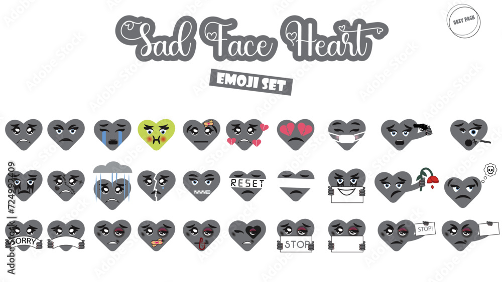 Grey heart collection isolated on white background. Set of emoji sad heart. Depressive emoji. Single emoji. Anguished emoji. love symbol. broken heart. domestic violence. concept - Stock vector 