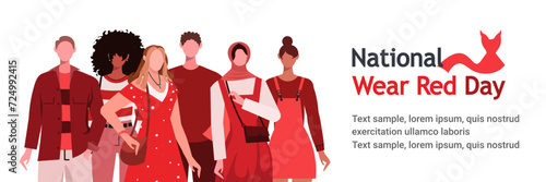 National Wear Red Day. Wear red to raise awareness about cardiovascular disease and help save lives. A group of young people in red clothes. Modern concept for website development, social media