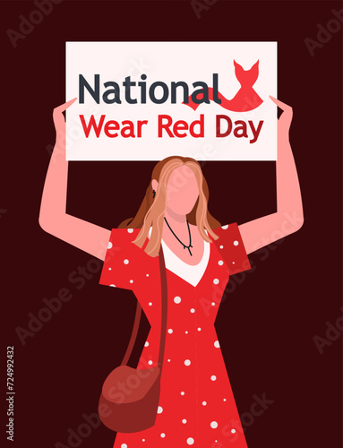 A young woman in a red dress holds a banner in her hands with the inscription National Wear Red Day. Awareness day of heart disease prevention. Medical cardiology concept. Flat vector illustration 