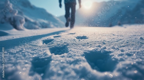 A man running through a snow-covered landscape, leaving a trail of footprints in the fresh powder. [a full man running] photo