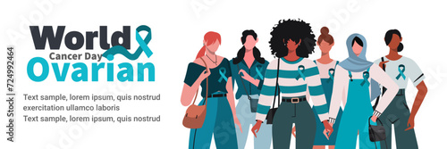 World Ovarian Cancer Day. A group of young businesswomen with teal ribbons stand together to promote World Ovarian Cancer Day on May 8th, which aims to raise awareness about cancer prevention. 