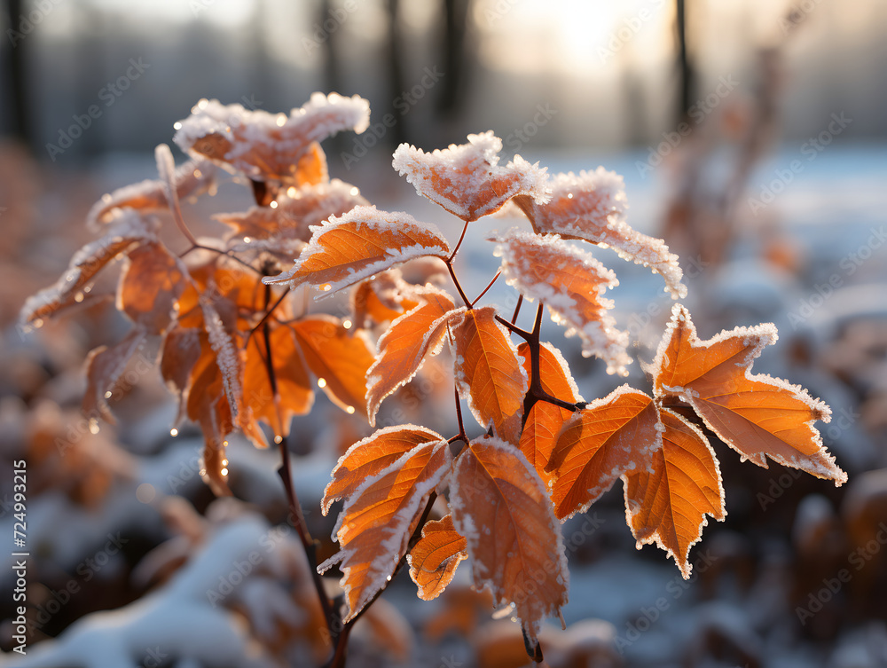 an orange maple tree with frost covered leaves an orange maple tree with frost covered leaves