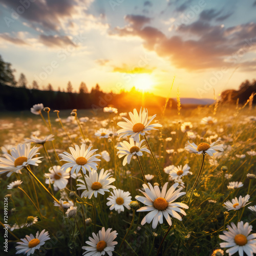 The landscape of white daisy blooms in a field  with the focus on the setting sun. The grassy meadow is blurred  creating a warm golden hour effect during sunset and sunrise time