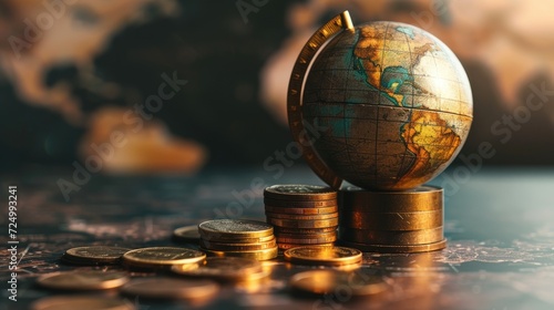 a globe paired with a stack of coins, illustrating the concept that money makes the world go round through a powerful visual representation.