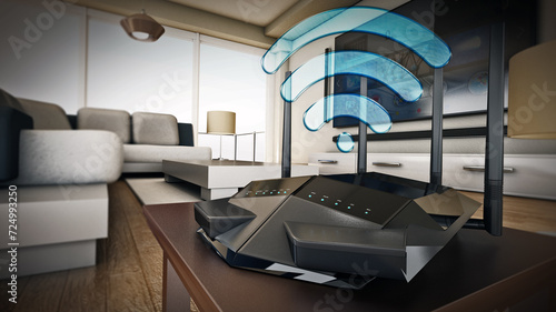 High speed wireless router, modem or range extender inside a modern room. 3D illustration