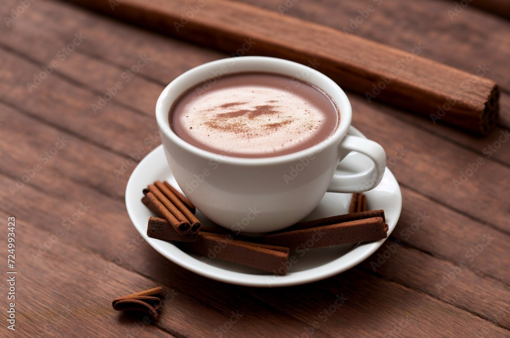 Cup of hot chocolate with cinnamon on wooden table, closeup Cup of hot chocolate with cinnamon on wooden table, closeup