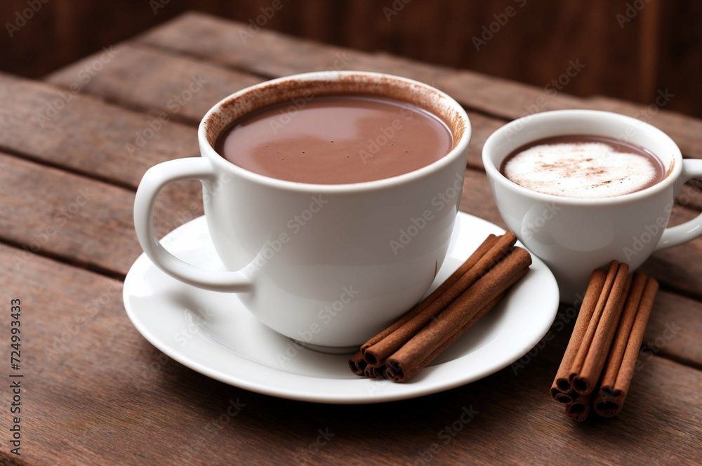 Obraz premium Cup of hot chocolate with cinnamon on wooden table, closeup