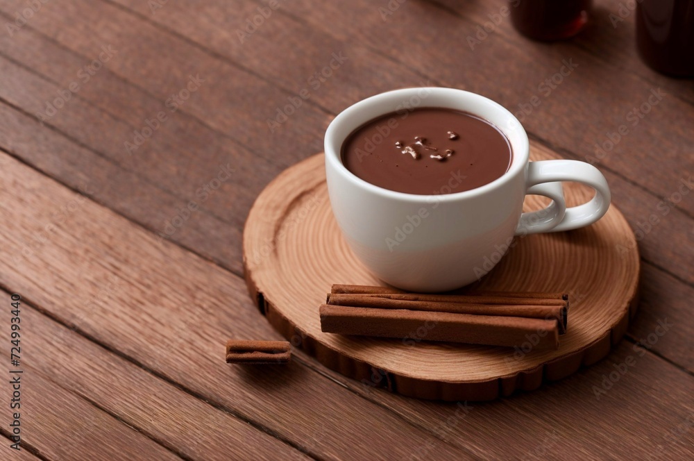 Cup of hot chocolate with cinnamon on wooden table, closeup Cup of hot chocolate with cinnamon on wooden table, closeup
