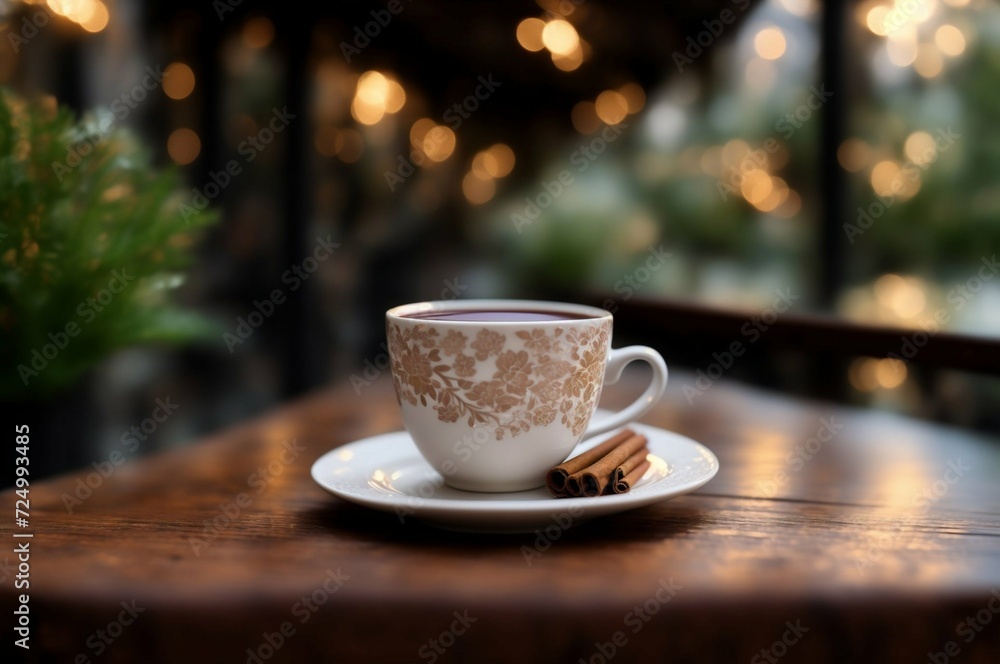 Obraz premium Cup of hot chocolate with cinnamon on wooden table, closeup