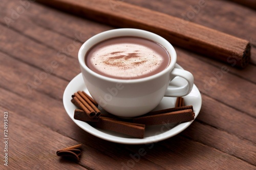 Cup of hot chocolate with cinnamon on wooden table, closeup