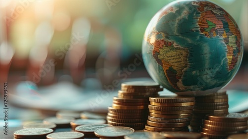 a globe paired with a stack of coins, illustrating the concept that money makes the world go round through a powerful visual representation.