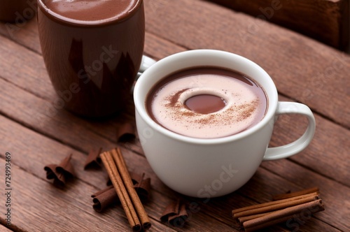 Cup of hot chocolate with cinnamon on wooden table, closeup