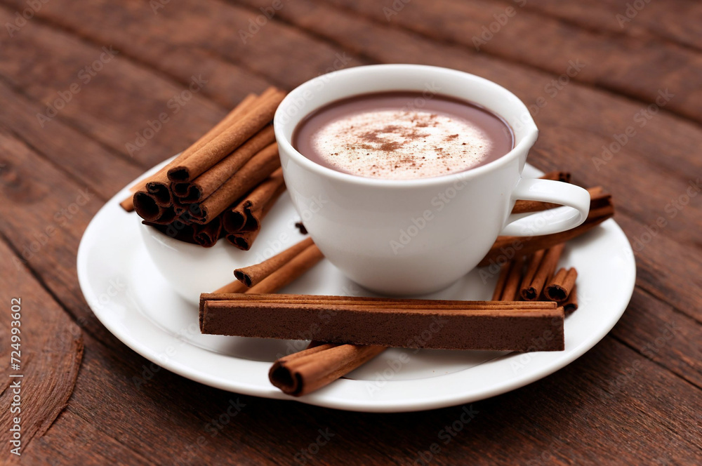 Cup of hot chocolate with cinnamon on wooden table, closeup Cup of hot chocolate with cinnamon on wooden table, closeup