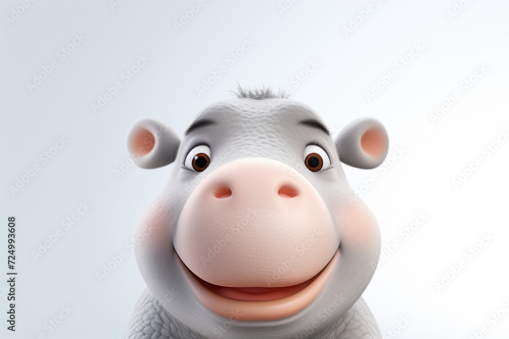 Fototapeta premium Adorable 3D cartoon hippopotamus close-up portrait on a white background.