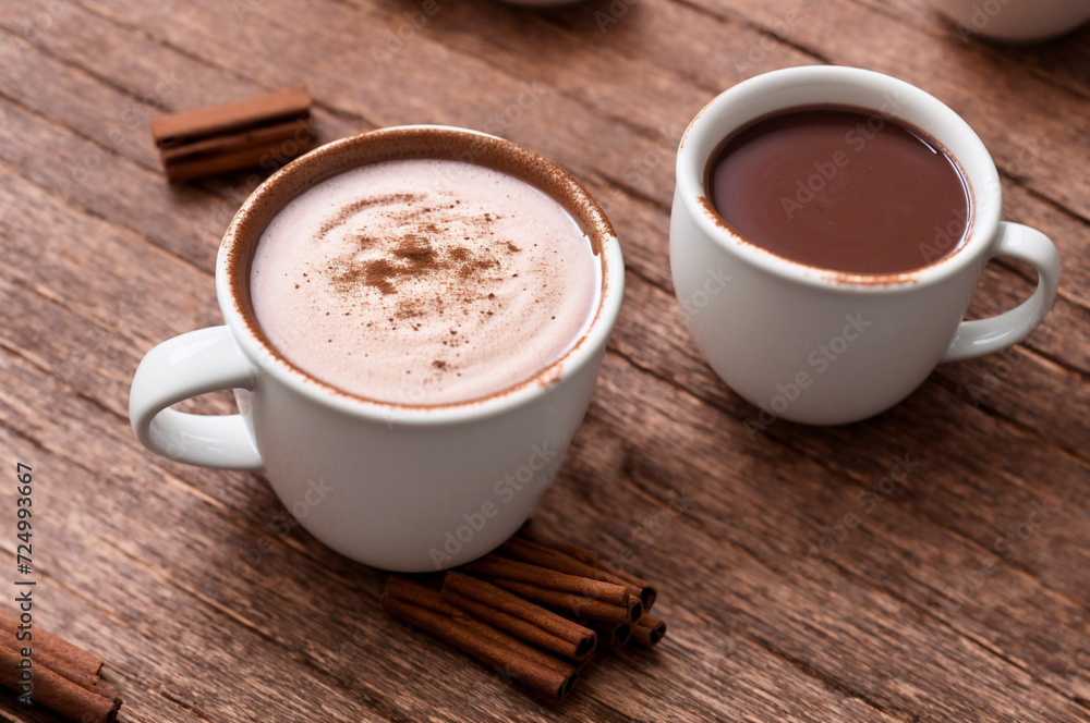 Cup of hot chocolate with cinnamon on wooden table, closeup Cup of hot chocolate with cinnamon on wooden table, closeup