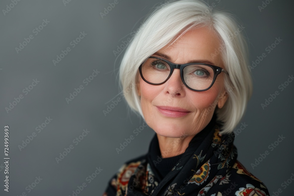 Close-up studio portrait of a sophisticated 50-year-old woman with glasses, professional look, on a grey background Close-up studio portrait of a sophisticated 50-year-old woman with glasses, professional look, on a grey background