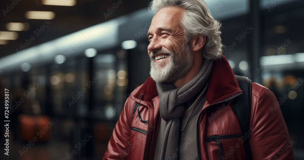 senior man with luggage talking on a phone in the airport senior man with luggage talking on a phone in the airport