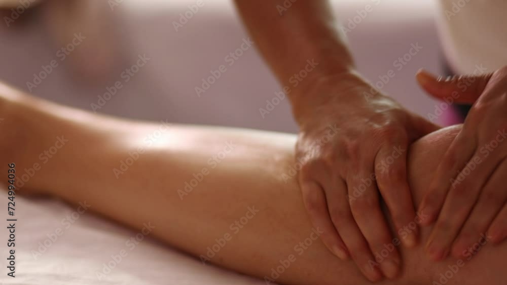 Female hands doing massage with oils for legs of woman in spa, close-up, Female hands doing massage with oils for legs of woman in spa, close-up,
