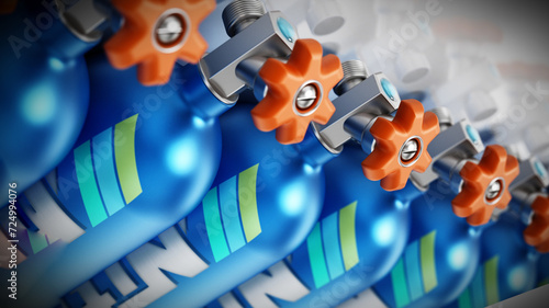 Group of blue Nitrous Oxide tanks. 3D illustration photo