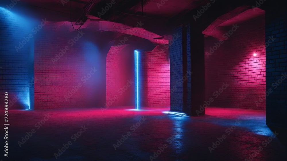 stage with spotlight A room with brick walls and a concrete floor. A neon light casts a blue glow on the walls. 